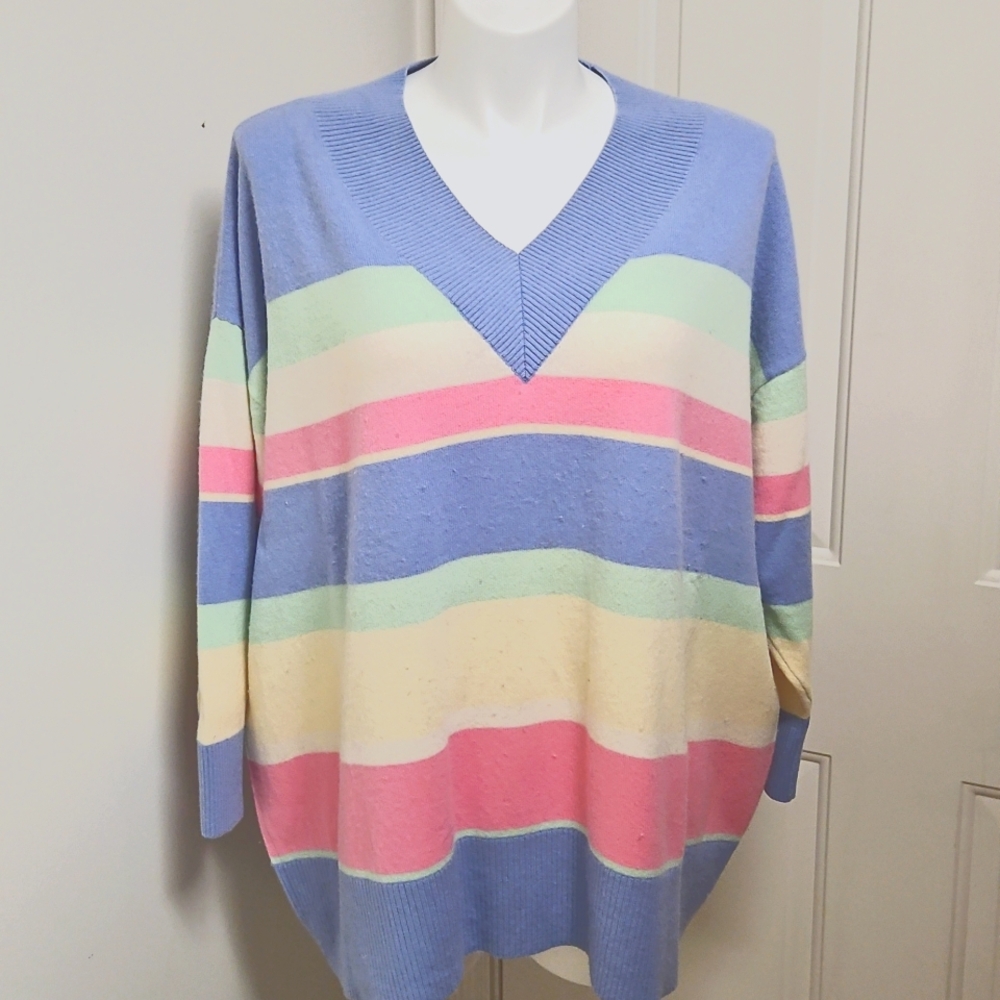 Lands' End Pastel Striped V-Neck Sweater in Blue, Pink, Yellow, Green, Cream